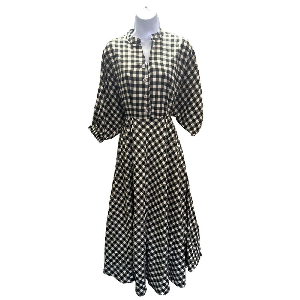 CCC Vintage Black White Gingham Checkered Midi Dress Button Front Elastic Cuffs